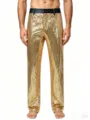 Men's gold sequin stage trousers detail view, sparkling performance party dance pants. - M / Gold