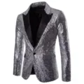 Close-up of silver sequin men jacket detail, black lapel and single button design. - 1XL / Silver with Black Collar