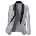 Stiloso blazer da uomo con paillettes argentate e risvolto nero per feste e serate. - Argento con colletto nero
