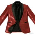 Men's red sequin tuxedo blazer with black shawl lapel for party, club, and stage performances. - S / Tops / Red