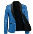 Detailed view of mens blue sequin blazer, stylish party nightclub jacket with black lapel. - Sky Blue