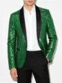 Primer plano de los detalles de la chaqueta de lentejuelas verdes con solapa negra y confección. - S / Verde
