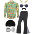 Herren 70er Jahre Disco Kostüm Set Detail mit Blumen Vintage Hemd, Schlaghose und Perücke. - S / Oberteil und Unterteil / Schwarz