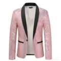Pink sequin blazer detail featuring black shawl lapel and shimmering fabric for men party wear. - Pink