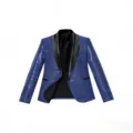 Men blue sequin blazer jacket, black satin shawl lapel, stylish party performance coat. - S / Tops / Navy Blue