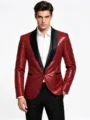 Chaqueta blazer de lentejuelas rojas para hombre slim fit esmoquin con solapa de chal negro fiesta. - Rojo