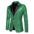 Men green sequin blazer single button jacket stage performance party prom outerwear details view. - Green