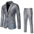 Men sparkly sequin metallic blazer and pants suit for disco party stage performance and night club. - 4XL / Silver