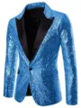 Men sequin blazer slim fit single button suit jacket for stage performance party host. - Sky Blue