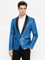 Blazer de lentejuelas azules para hombre, chaqueta ajustada de fiesta con solapa negra. - Azul cielo