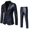 Details of shiny sequin men's suit set, featuring metallic grid pattern for party stage wear. - S / Black
