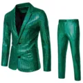 Men green sequin suit set shiny disco party stage wear blazer and trousers for nightclub event. - Green