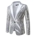 Close-up detail of the dazzling silver sequin men blazer featuring elegant white lapel and button. - Silver with White Collar