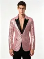Herren rosa Pailletten Blazer Detail, schwarzes Satin Revers und einzelner Knopf fur Party. - S / Oberteile / Rosa