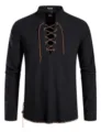 Detail view of the black long sleeve henley shirt with lace up front and collar details. - S / Top (XD-108) / Black