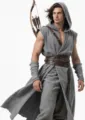 Detail shot of medieval sleeveless cloak and hood with leather belt and wrist guards for LARP. - S / Gray