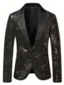 Men's fashion sequin blazer jacket, diamond lattice design with satin lapel for parties. - XS / Gold