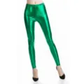 Green metallic shiny faux leather leggings for women, sexy high waist party club pants. - M / Green