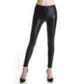 Women's sexy black faux leather shiny leggings, high waist slim fit tight pants for clubwear. - M / Black