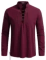 Men's long sleeve linen henley shirt casual lace up stand collar burgundy top detail view - S / Top (XD-108) / Burgundy