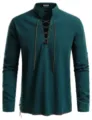 Dark green men's long sleeve henley shirt, casual lace up cotton linen fabric detail. - S / Top (XD-108) / Dark Green
