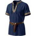Chemise pirate médiéval homme manches courtes costume rétro Renaissance Viking avec ceinture. - M / Bleu foncé