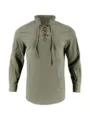 Men's long sleeve linen shirt lace up stand collar casual autumn spring top tee shirt - Army Green