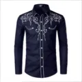 Detailed view of the dark blue men long sleeve embroidery shirt collar and chest design. - 3XL / Navy Blue