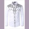 Men's Long Sleeve Embroidered Shirt Casual Business Spring Autumn White Button Down Top - 3XL / White