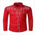 Men's red long sleeve embroidered shirt, classic western style button-down casual shirt top. - 3XL / Red