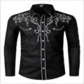 Men's black long sleeve button-up shirt with white embroidery and western style piping. - 3XL / Black