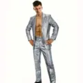 Shiny sequin suit set for men, perfect for disco party, stage performance, and night club events. - S / Silver