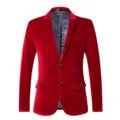 Men's velvet blazer slim fit solid color two button suit jacket stylish outer wear - M / Red