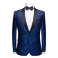 Men's Blue Floral Print Blazer Slim Fit One Button Tuxedo Jacket for Party Wedding - Blue