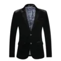 Men's black velvet blazer detail, featuring a stylish blue paisley inner lining and lapel. - M / Black