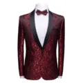 Men's red floral pattern slim fit blazer jacket with black shawl lapel for formal events. - Burgundy