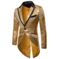 Gold sequin men tuxedo tailcoat jacket with black lapel evening party stage costume. - S / Gold