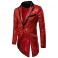 Detail view of red sequin tailcoat featuring black lapel and single button design for men. - S / Red