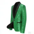 Men's green sequin blazer with black lapel, stylish single button party club suit jacket. - S / Green