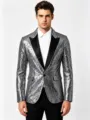 Herren silberner Pailletten Blazer schmale Passform formelle Jacke mit schwarzem Revers. - S / Oberteile / Silber