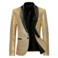 Giacca da uomo elegante con paillettes dorate e risvolto scialle nero per festa. - Oro