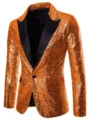 Men's orange sequin blazer sparkling party nightclub stage performance formal suit jacket detail. - Orange