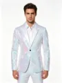 Herren Pailletten Anzug Jacke Detailansicht, glaenzender Blazer fuer Buehne und Auftritt. - Weiß