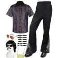 Herren 70er Jahre Disco Kostüm Set Glänzendes Pailletten Hemd Schlaghose Outfit - S / Top And Bottom / bunt