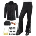 Conjunto Disfraz Disco Anos 70 Hombre Camisa Brillante Pantalon Campana Fiesta - S / Top y Pantalones / Negro