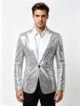 Herren Pailletten Sakko Detail, schmale Passform Einreiher Anzugjacke für Bühne. - Silber mit weißem Kragen