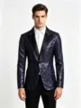 Detailansicht der dunkelblauen Pailletten Herrenjacke, eleganter Smoking für Bühne und Party Wear. - Marineblau