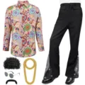 Herren 70er Jahre Disco Kostüm Set Vintage Paisley Hemd Schlaghose Party Outfit Zubehör - S / Top And Bottom / Schwarz