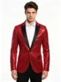 Herren Roter Pailletten Blazer Slim Fit Smoking Jacke Ein Knopf Party Bühne Anzug - Rot