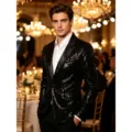 Blazer noir à sequins pour homme, veste de costume brillante pour fête, scène et club. - S / Noir
